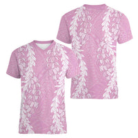 Puakenikeni and Maile Lei Women V-Neck T-Shirt Pink Double Strand Lei