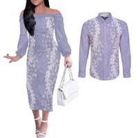 Puakenikeni and Maile Lei Couples Matching Off The Shoulder Long Sleeve Dress and Long Sleeve Button Shirt Purple Double Strand Lei