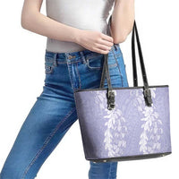 Puakenikeni and Maile Lei Leather Tote Bag Purple Double Strand Lei