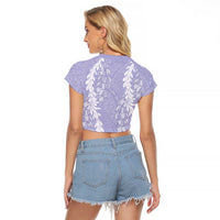 Puakenikeni and Maile Lei Raglan Cropped T Shirt Purple Double Strand Lei