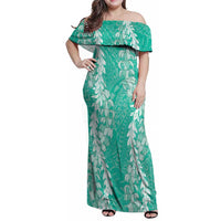 Puakenikeni and Maile Lei Family Matching Off Shoulder Maxi Dress and Hawaiian Shirt Sage Green Double Strand Lei