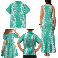 Puakenikeni and Maile Lei Family Matching Tank Maxi Dress and Hawaiian Shirt Sage Green Double Strand Lei