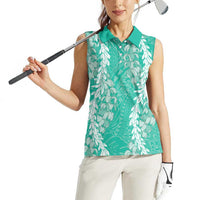 Puakenikeni and Maile Lei Women Sleeveless Polo Shirt Sage Green Double Strand Lei