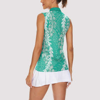 Puakenikeni and Maile Lei Women Sleeveless Polo Shirt Sage Green Double Strand Lei
