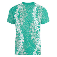 Puakenikeni and Maile Lei Women V-Neck T-Shirt Sage Green Double Strand Lei