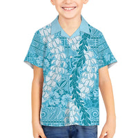 Blue Puakenikeni and Maile Lei Family Matching Long Sleeve Bodycon Dress and Hawaiian Shirt Hawaiian Style Tribal Tapa Double Strand Lei LT9 Son's Shirt Blue - Polynesian Pride