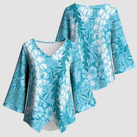 Blue Puakenikeni and Maile Lei Kimono Sleeve Blouse Hawaiian Style Tribal Tapa Double Strand Lei - Polynesian Pride