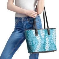 Blue Puakenikeni and Maile Lei Leather Tote Bag Hawaiian Style Tribal Tapa Double Strand Lei