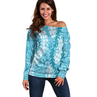 Blue Puakenikeni and Maile Lei Off Shoulder Sweater Hawaiian Style Tribal Tapa Double Strand Lei