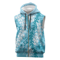 Blue Puakenikeni and Maile Lei Sleeveless Zip Hoodie Hawaiian Style Tribal Tapa Double Strand Lei - Polynesian Pride