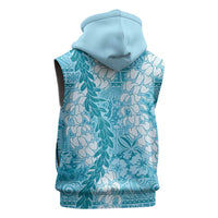 Blue Puakenikeni and Maile Lei Sleeveless Zip Hoodie Hawaiian Style Tribal Tapa Double Strand Lei - Polynesian Pride