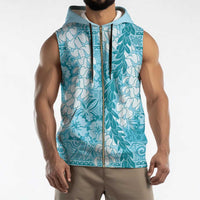 Blue Puakenikeni and Maile Lei Sleeveless Zip Hoodie Hawaiian Style Tribal Tapa Double Strand Lei - Polynesian Pride