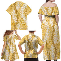 Gold Puakenikeni and Maile Lei Family Matching Off Shoulder Maxi Dress and Hawaiian Shirt Hawaiian Style Tribal Tapa Double Strand Lei