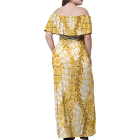 Gold Puakenikeni and Maile Lei Family Matching Off Shoulder Maxi Dress and Hawaiian Shirt Hawaiian Style Tribal Tapa Double Strand Lei