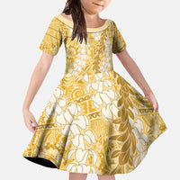 Gold Puakenikeni and Maile Lei Family Matching Short Sleeve Bodycon Dress and Hawaiian Shirt Hawaiian Style Tribal Tapa Double Strand Lei LT9 Daughter's Dress Gold - Polynesian Pride