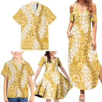 Gold Puakenikeni and Maile Lei Family Matching Summer Maxi Dress and Hawaiian Shirt Hawaiian Style Tribal Tapa Double Strand Lei