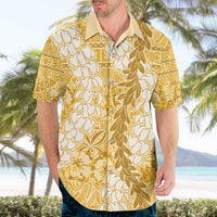 Gold Puakenikeni and Maile Lei Hawaiian Shirt Hawaiian Style Tribal Tapa Double Strand Lei