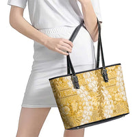Gold Puakenikeni and Maile Lei Leather Tote Bag Hawaiian Style Tribal Tapa Double Strand Lei