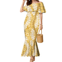 Gold Puakenikeni and Maile Lei Mermaid Dress Hawaiian Style Tribal Tapa Double Strand Lei