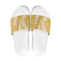 Gold Puakenikeni and Maile Lei Slide Sandals Hawaiian Style Tribal Tapa Double Strand Lei - Polynesian Pride
