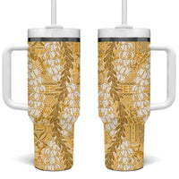 Gold Puakenikeni and Maile Lei Tumbler With Handle Hawaiian Style Tribal Tapa Double Strand Lei