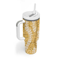 Gold Puakenikeni and Maile Lei Tumbler With Handle Hawaiian Style Tribal Tapa Double Strand Lei