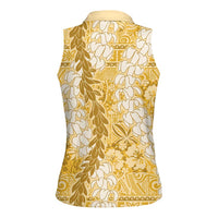 Gold Puakenikeni and Maile Lei Women Sleeveless Polo Shirt Hawaiian Style Tribal Tapa Double Strand Lei