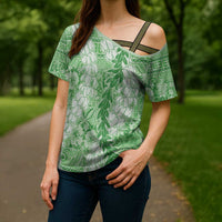 Green Puakenikeni and Maile Lei Cross Shoulder Shirt Hawaiian Style Tribal Tapa Double Strand Lei - Polynesian Pride