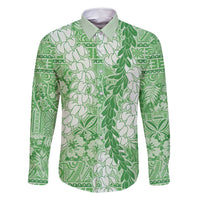 Green Puakenikeni and Maile Lei Family Matching Mermaid Dress and Hawaiian Shirt Hawaiian Style Tribal Tapa Double Strand Lei LT9 Dad's Shirt - Long Sleeve Green - Polynesian Pride
