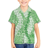Green Puakenikeni and Maile Lei Family Matching Puletasi and Hawaiian Shirt Hawaiian Style Tribal Tapa Double Strand Lei LT9 Son's Shirt Green - Polynesian Pride
