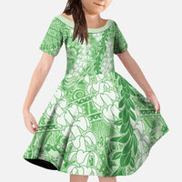 Green Puakenikeni and Maile Lei Family Matching Short Sleeve Bodycon Dress and Hawaiian Shirt Hawaiian Style Tribal Tapa Double Strand Lei LT9 Daughter's Dress Green - Polynesian Pride