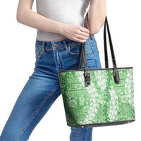 Green Puakenikeni and Maile Lei Leather Tote Bag Hawaiian Style Tribal Tapa Double Strand Lei