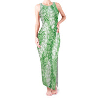 Green Puakenikeni and Maile Lei Tank Maxi Dress Hawaiian Style Tribal Tapa Double Strand Lei