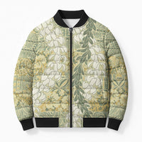 Vintage Puakenikeni and Maile Lei Bomber Puffer Jacket Hawaiian Style Tribal Tapa Double Strand Lei - Polynesian Pride