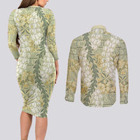 Vintage Puakenikeni and Maile Lei Couples Matching Long Sleeve Bodycon Dress and Long Sleeve Button Shirt Hawaiian Style Tribal Tapa Double Strand Lei
