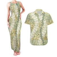 Vintage Puakenikeni and Maile Lei Couples Matching Tank Maxi Dress and Hawaiian Shirt Hawaiian Style Tribal Tapa Double Strand Lei