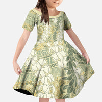 Vintage Puakenikeni and Maile Lei Family Matching Off The Shoulder Long Sleeve Dress and Hawaiian Shirt Hawaiian Style Tribal Tapa Double Strand Lei