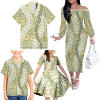 Vintage Puakenikeni and Maile Lei Family Matching Off The Shoulder Long Sleeve Dress and Hawaiian Shirt Hawaiian Style Tribal Tapa Double Strand Lei