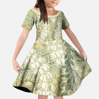 Vintage Puakenikeni and Maile Lei Family Matching Off Shoulder Maxi Dress and Hawaiian Shirt Hawaiian Style Tribal Tapa Double Strand Lei