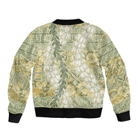 Vintage Puakenikeni and Maile Lei Sleeve Zip Bomber Jacket Hawaiian Style Tribal Tapa Double Strand Lei LT9 - Polynesian Pride
