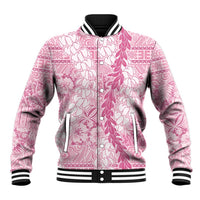 Pink Puakenikeni and Maile Lei Baseball Jacket Hawaiian Style Tribal Tapa Double Strand Lei