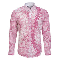 Pink Puakenikeni and Maile Lei Family Matching Short Sleeve Bodycon Dress and Hawaiian Shirt Hawaiian Style Tribal Tapa Double Strand Lei LT9 Dad's Shirt - Long Sleeve Pink - Polynesian Pride