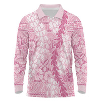 Pink Puakenikeni and Maile Lei Long Sleeve Polo Shirt Hawaiian Style Tribal Tapa Double Strand Lei
