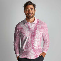 Pink Puakenikeni and Maile Lei Long Sleeve Polo Shirt Hawaiian Style Tribal Tapa Double Strand Lei