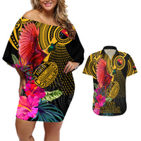 Personalised Papua New Guinea Rugby Couples Matching Off Shoulder Short Dress and Hawaiian Shirt PNG Kumuls Champions Pacific Bowl LT9 Gold - Polynesian Pride