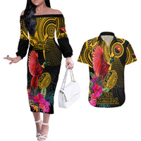 Personalised Papua New Guinea Rugby Couples Matching Off The Shoulder Long Sleeve Dress and Hawaiian Shirt PNG Kumuls Champions Pacific Bowl LT9 Gold - Polynesian Pride