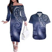 New Zealand Galaxy Fern Couples Matching Off The Shoulder Long Sleeve Dress and Hawaiian Shirt