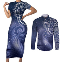 New Zealand Galaxy Fern Couples Matching Short Sleeve Bodycon Dress and Long Sleeve Button Shirt