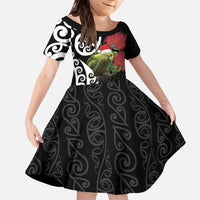 New Zealand Kakapo Christmas Family Matching Tank Maxi Dress and Hawaiian Shirt Meri Kirihimete Pohutukawa Flowers LT9 Daughter's Dress Black - Polynesian Pride