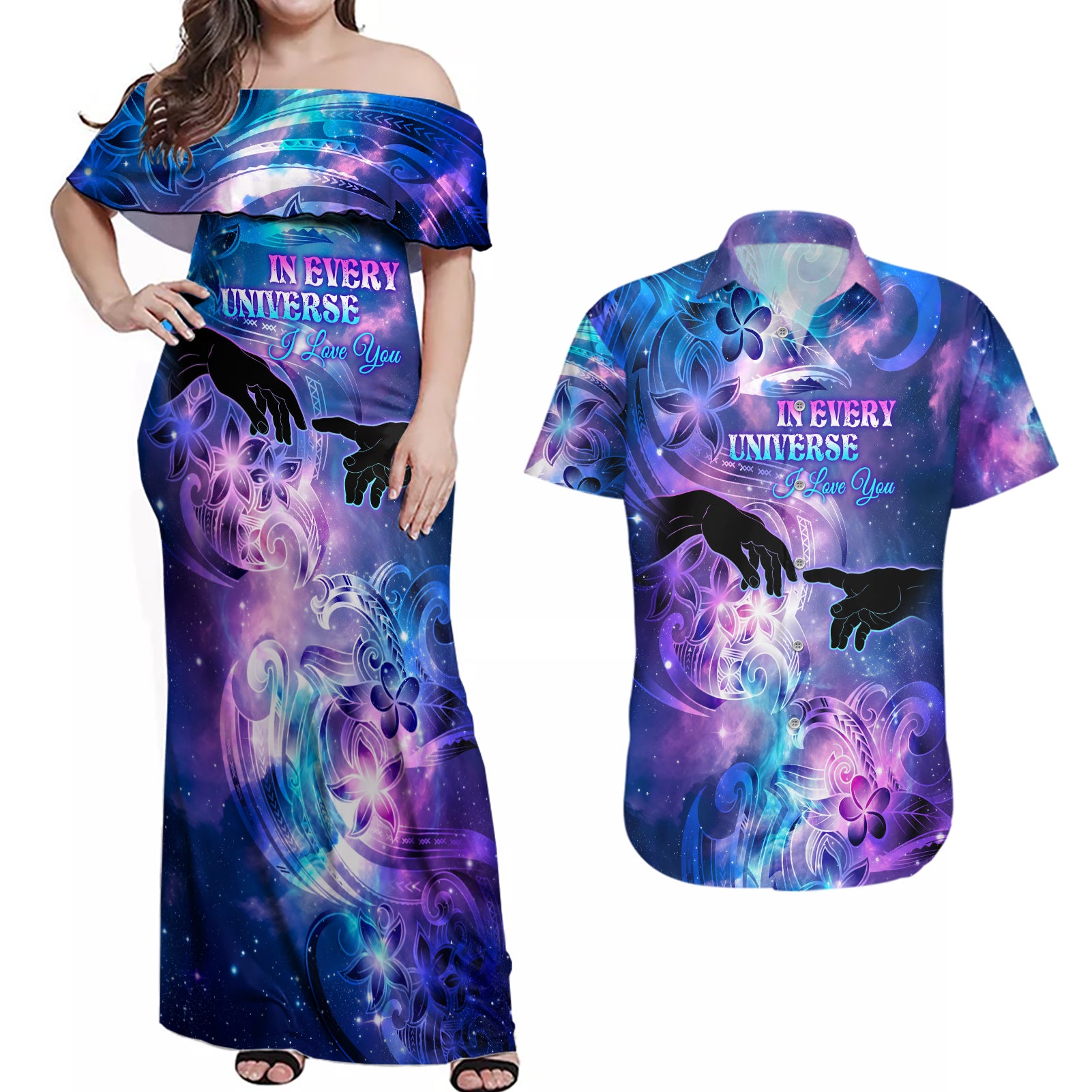 I Love You In Every Universe Personalised Couples Matching Off Shoulder Maxi Dress and Hawaiian Shirt Polynesian Pattern Galaxy Style LT9 Galaxy - Polynesian Pride